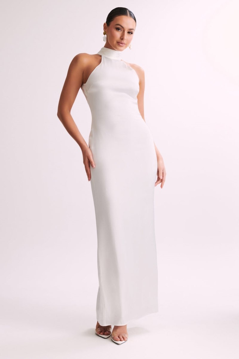 Women's Meshki Claire Satin Drape Back Maxi Dress White Australia | M4S-9827