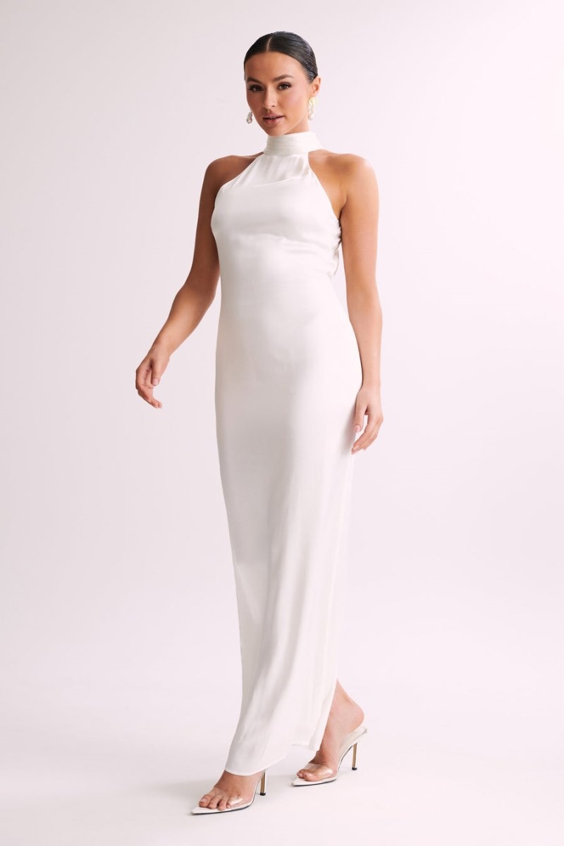 Women's Meshki Claire Satin Drape Back Maxi Dress White Australia | M4S-9827