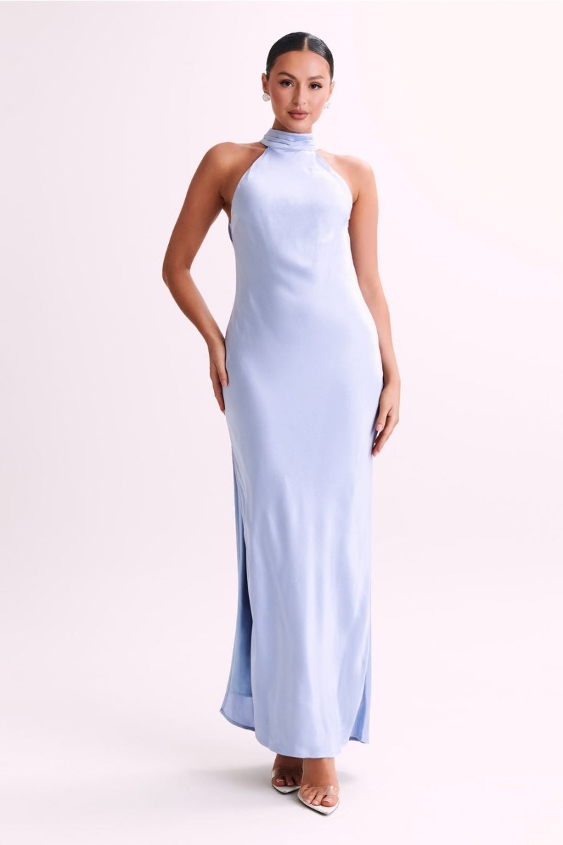 Women's Meshki Claire Satin Drape Back Maxi Dress Blue Australia | W0W-9648