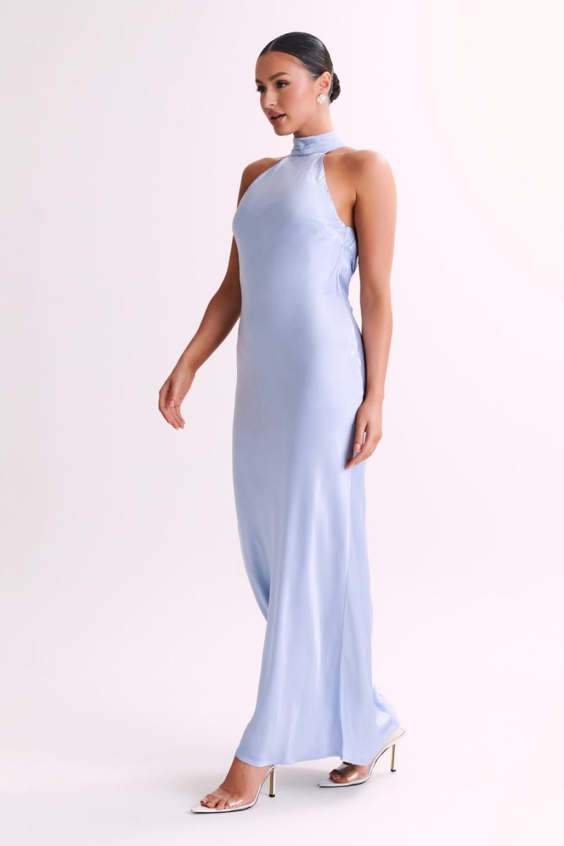 Women's Meshki Claire Satin Drape Back Maxi Dress Blue Australia | W0W-9648