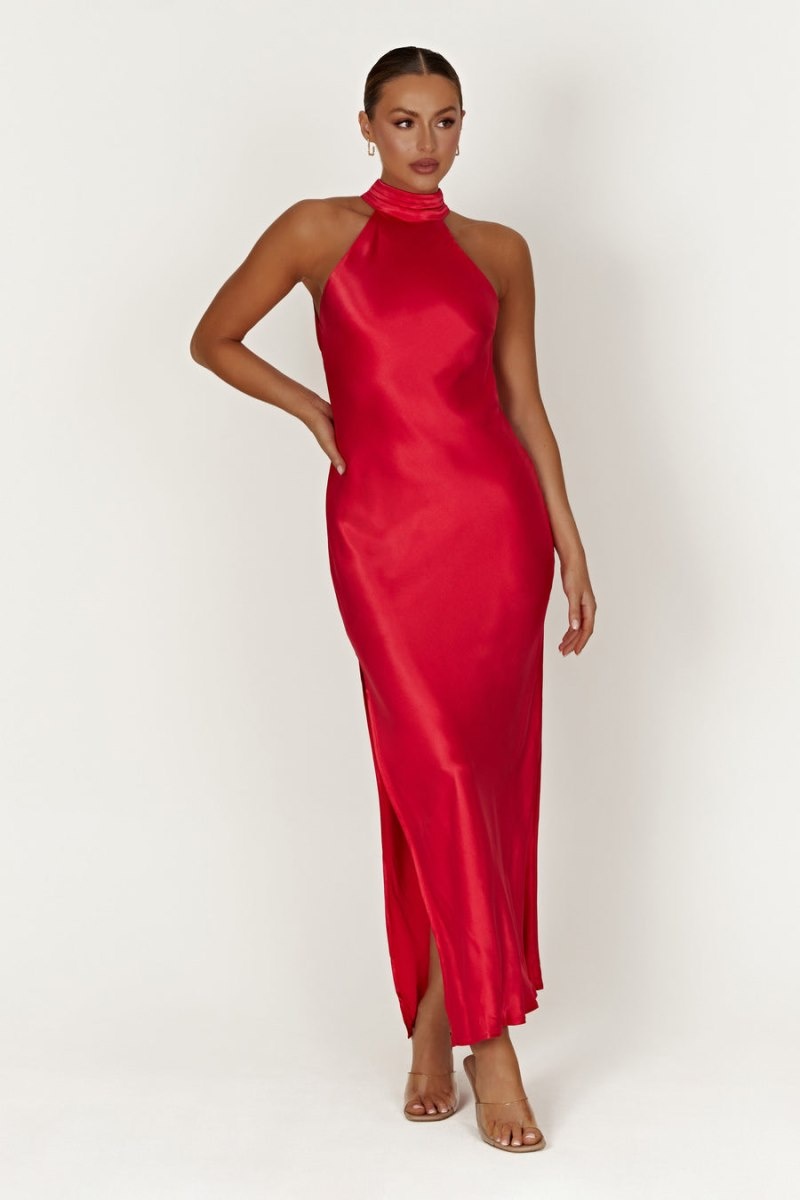 Women's Meshki Claire Satin Drape Back Split Maxi Dress Red Australia | R7G-0520