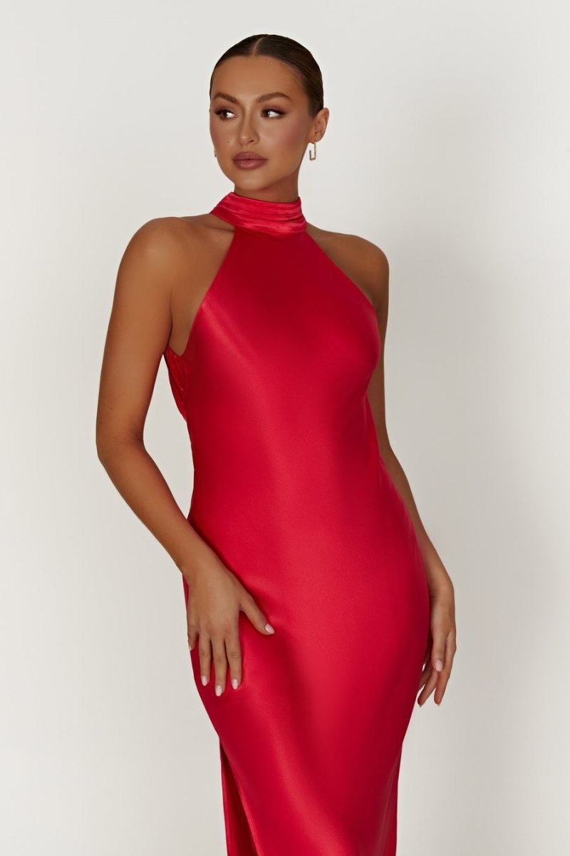 Women's Meshki Claire Satin Drape Back Split Maxi Dress Red Australia | R7G-0520