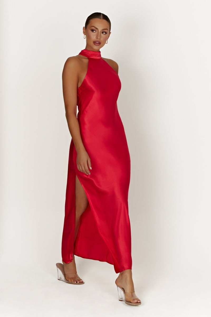 Women's Meshki Claire Satin Drape Back Split Maxi Dress Red Australia | R7G-0520