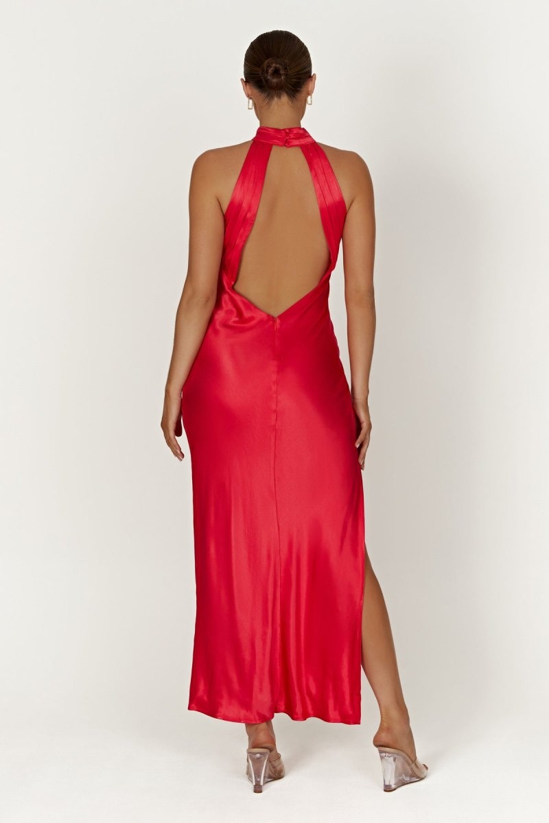 Women\'s Meshki Claire Satin Drape Back Split Maxi Dress Red Australia | R7G-0520