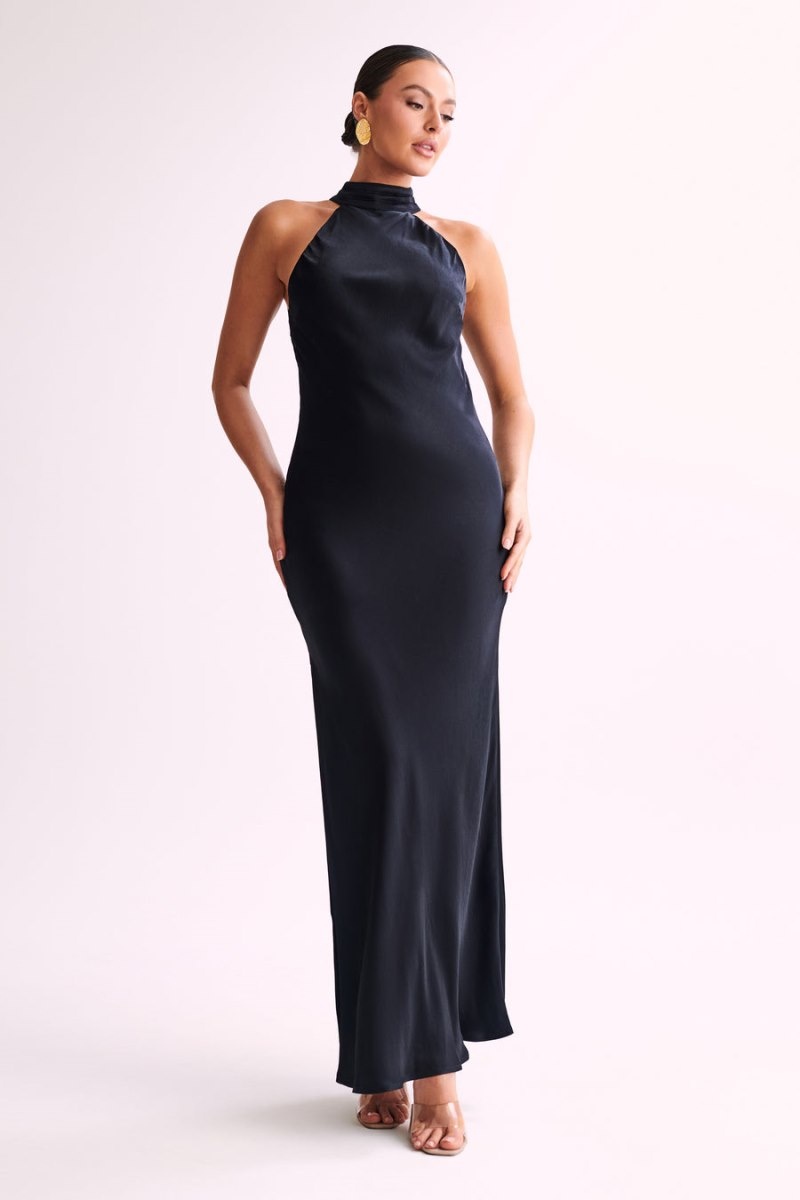 Women's Meshki Claire Satin Drape Back Split Maxi Dress Black Australia | R8S-5452