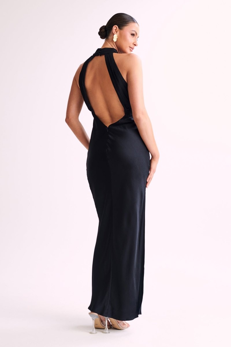 Women\'s Meshki Claire Satin Drape Back Split Maxi Dress Black Australia | R8S-5452