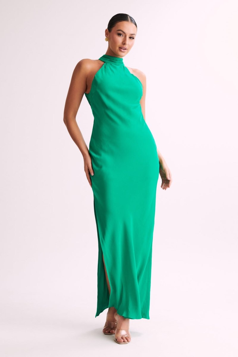 Women's Meshki Claire Satin Drape Back Split Maxi Dress Green Australia | U8L-0490