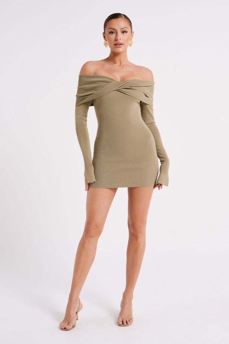 Women's Meshki Clover Off Shoulder Knit Mini Dress Olive Australia | O5Y-7846