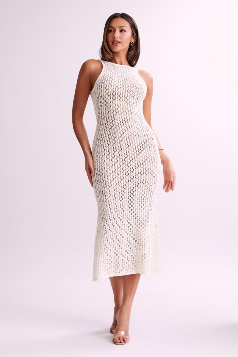 Women's Meshki Cordelia Crochet Fishtail Midi Dress White Australia | K3W-6753