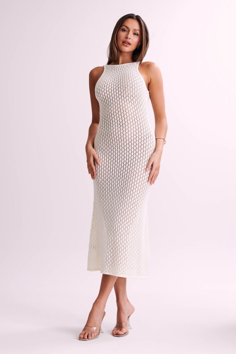 Women's Meshki Cordelia Crochet Fishtail Midi Dress White Australia | K3W-6753