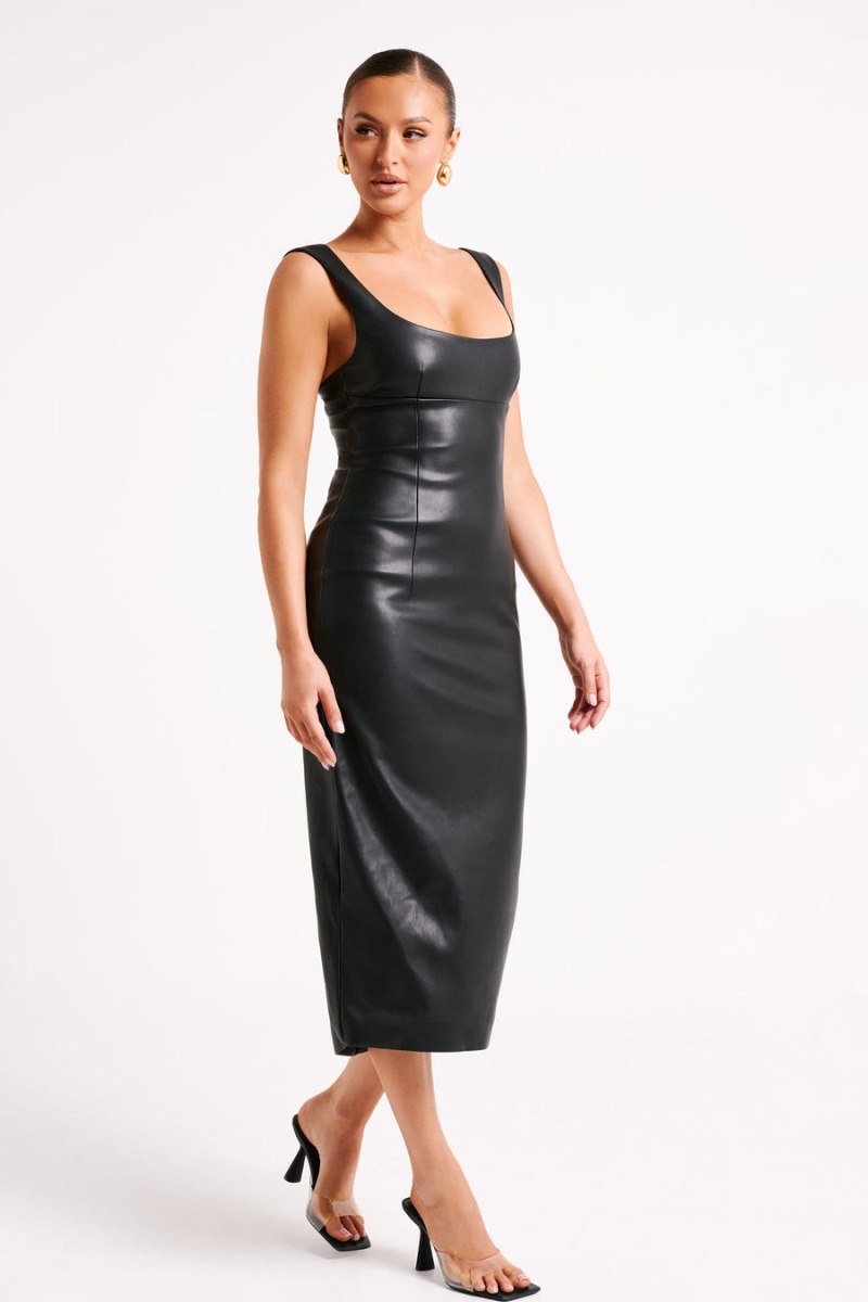 Women's Meshki Cynthia Faux Leather Midi Dress Black Australia | W8W-9877