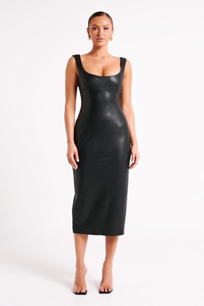 Women\'s Meshki Cynthia Faux Leather Midi Dress Black Australia | W8W-9877