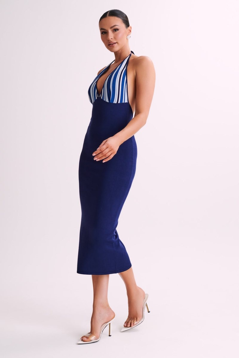 Women's Meshki Dana Stripe Knit Halter Midi Dress Blue Australia | T5E-9911