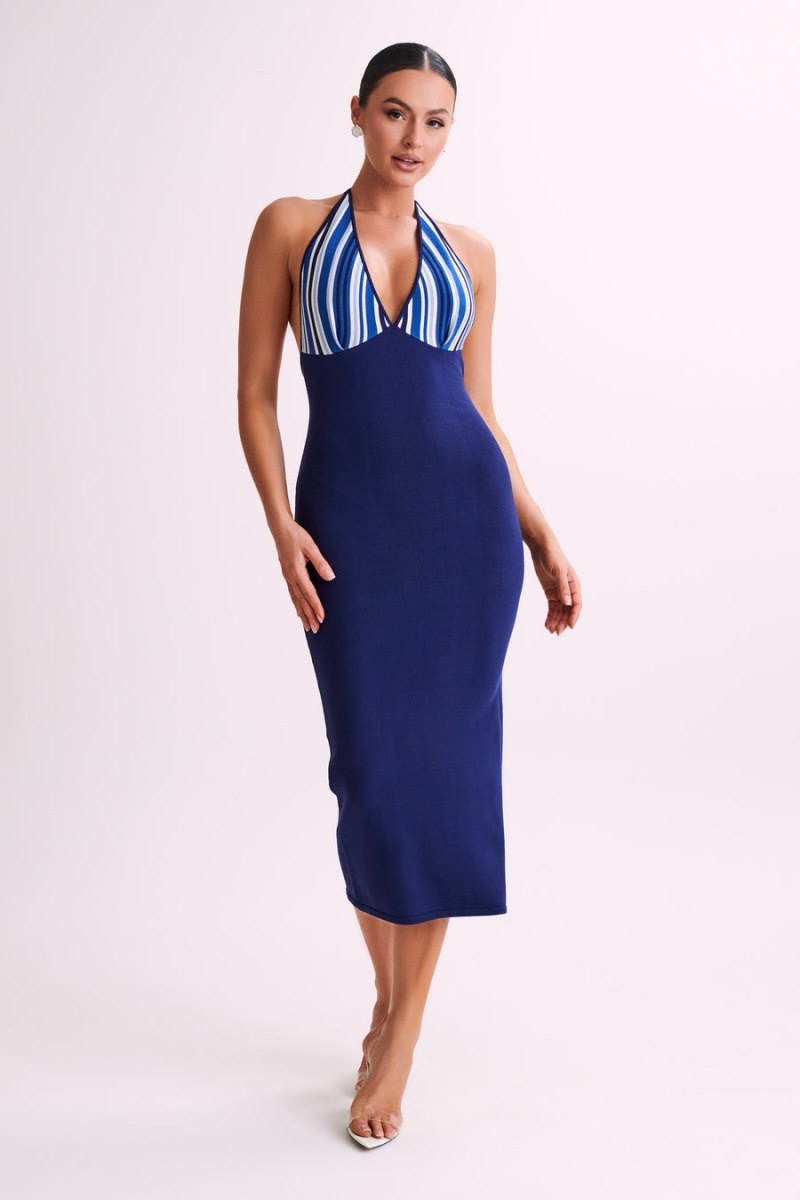 Women's Meshki Dana Stripe Knit Halter Midi Dress Blue Australia | T5E-9911