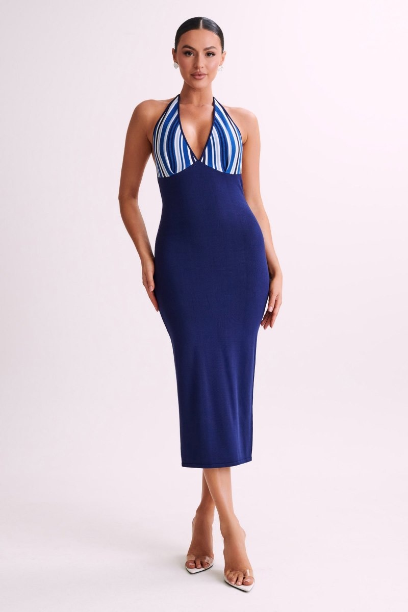 Women\'s Meshki Dana Stripe Knit Halter Midi Dress Blue Australia | T5E-9911