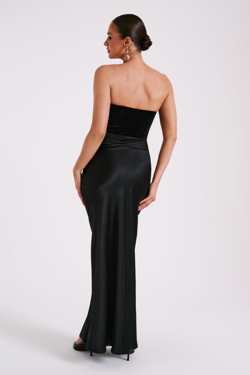 Women's Meshki Danna Strapless Satin Velvet Maxi Dress Black Australia | J7E-9470