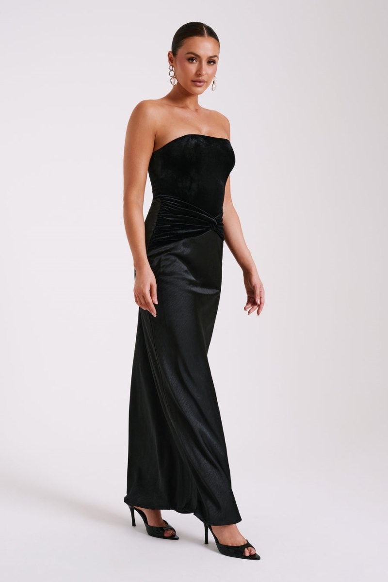 Women's Meshki Danna Strapless Satin Velvet Maxi Dress Black Australia | J7E-9470