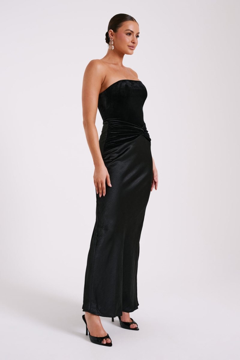 Women's Meshki Danna Strapless Satin Velvet Maxi Dress Black Australia | J7E-9470