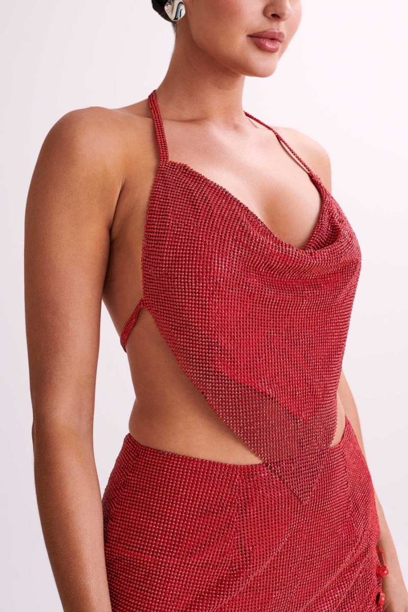 Women's Meshki Daphne Diamante Cowl Neck Halter Tops Red Australia | B4C-7726