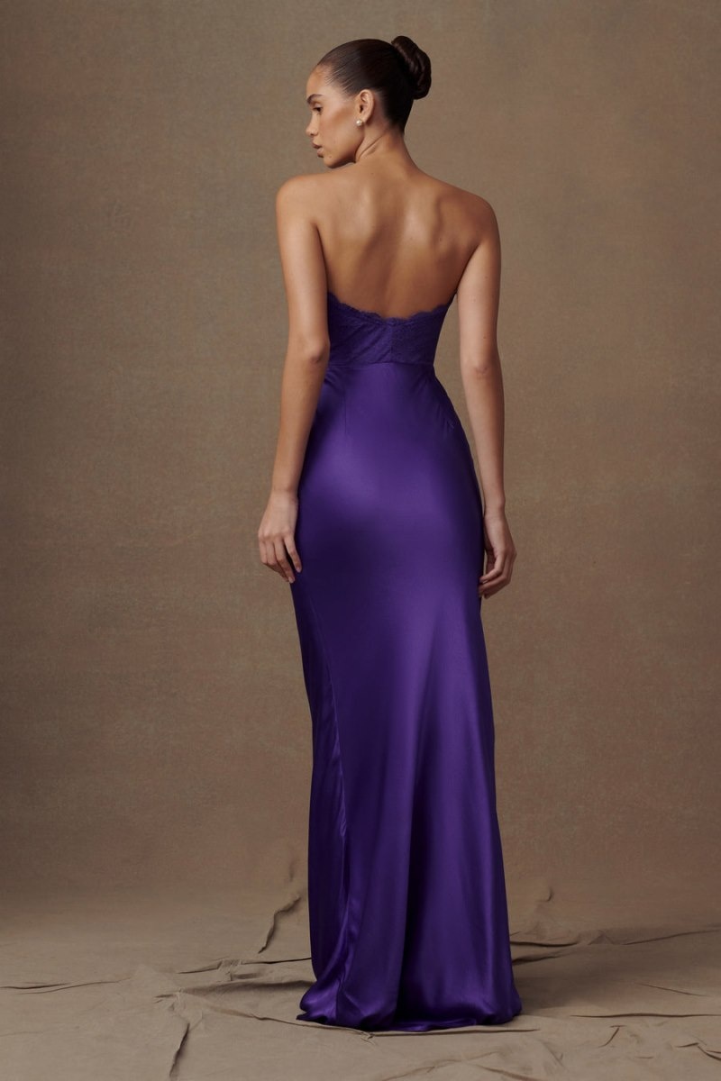 Women's Meshki Darcie Strapless Satin Maxi Dress Deep Purple Australia | U7K-6083