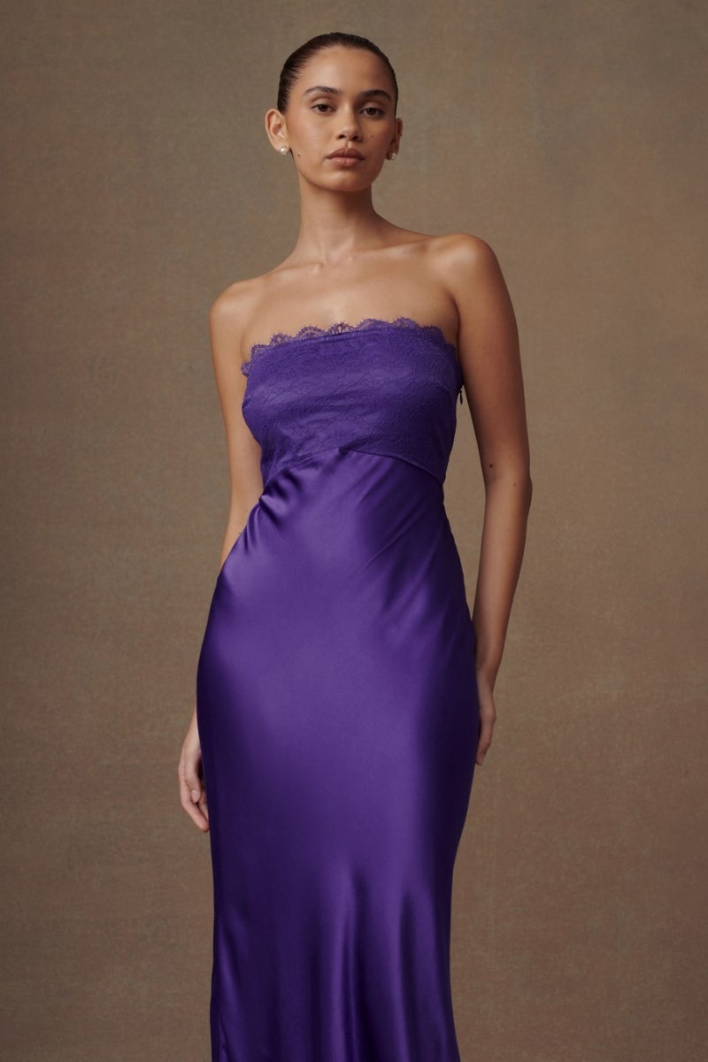 Women's Meshki Darcie Strapless Satin Maxi Dress Deep Purple Australia | U7K-6083