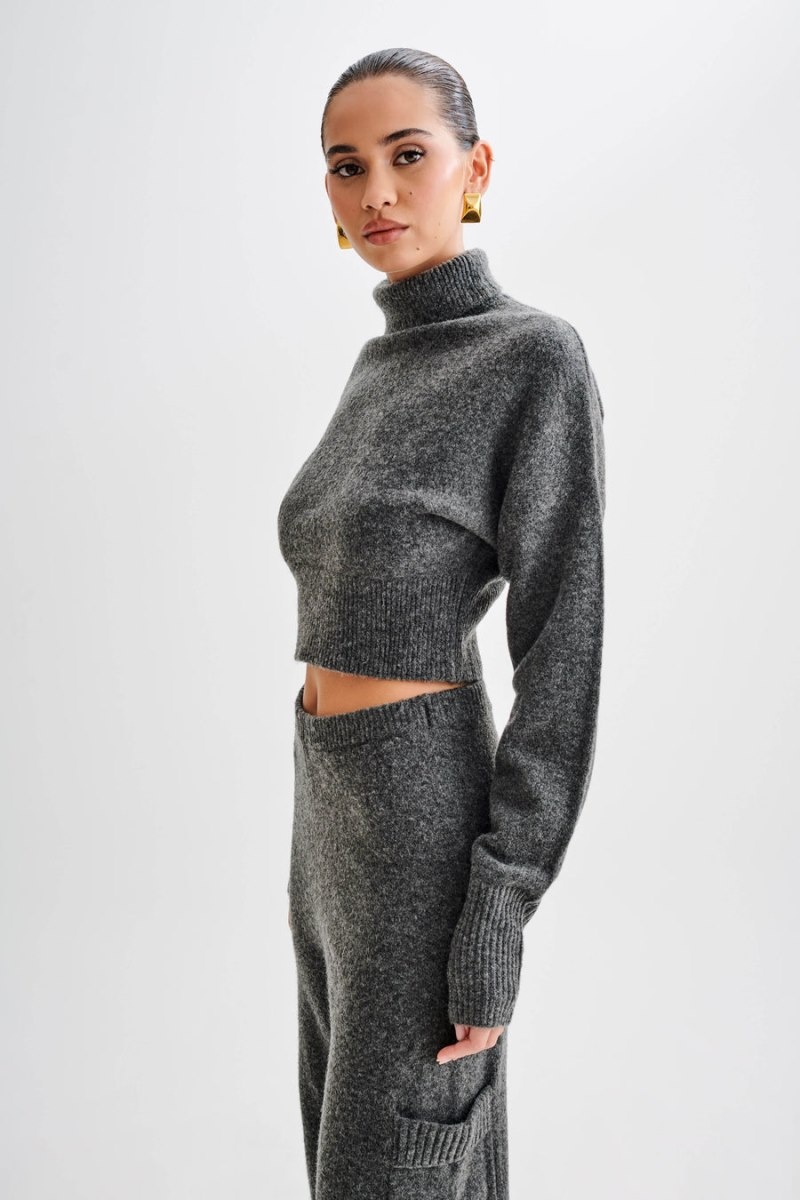 Women's Meshki Darius Turtleneck Knit Crop Tops Deep Grey Australia | M9P-2862