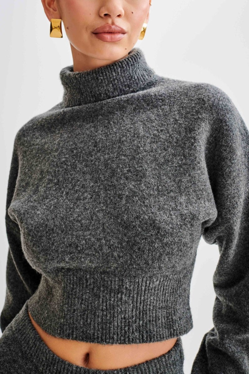 Women's Meshki Darius Turtleneck Knit Crop Tops Deep Grey Australia | M9P-2862