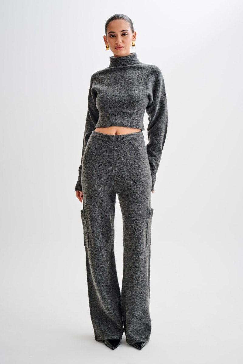 Women's Meshki Darius Turtleneck Knit Crop Tops Deep Grey Australia | M9P-2862