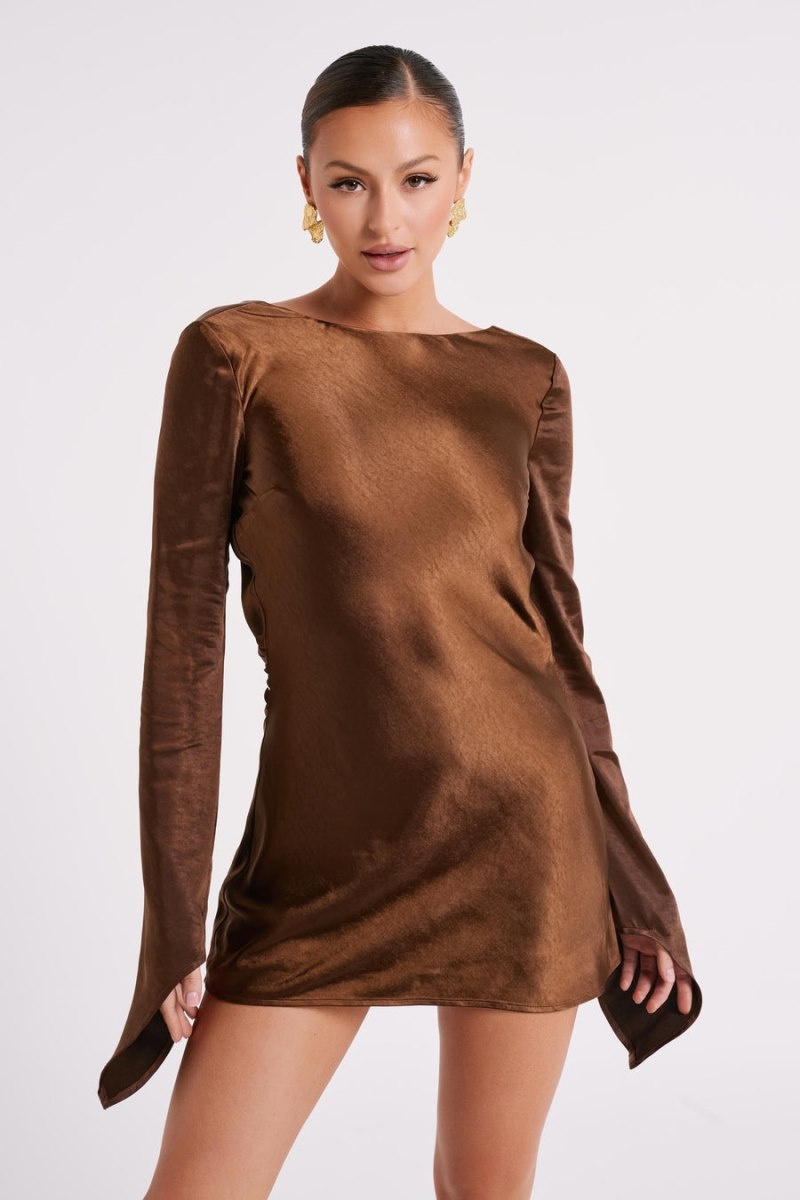 Women's Meshki Davina Satin Long Sleeve Mini Dress Dark Brown Australia | K4X-4511