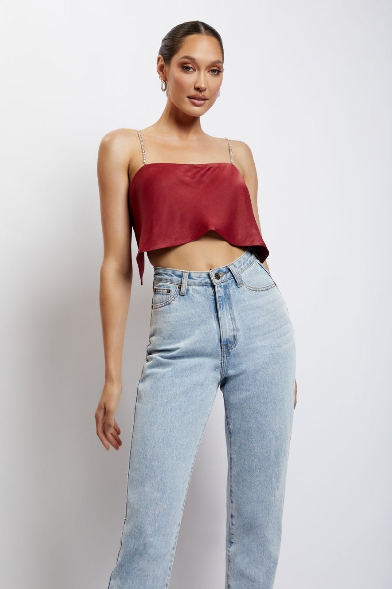 Women's Meshki Dayana Straight Cut Crop Tops Dark Red Australia | F1R-9031