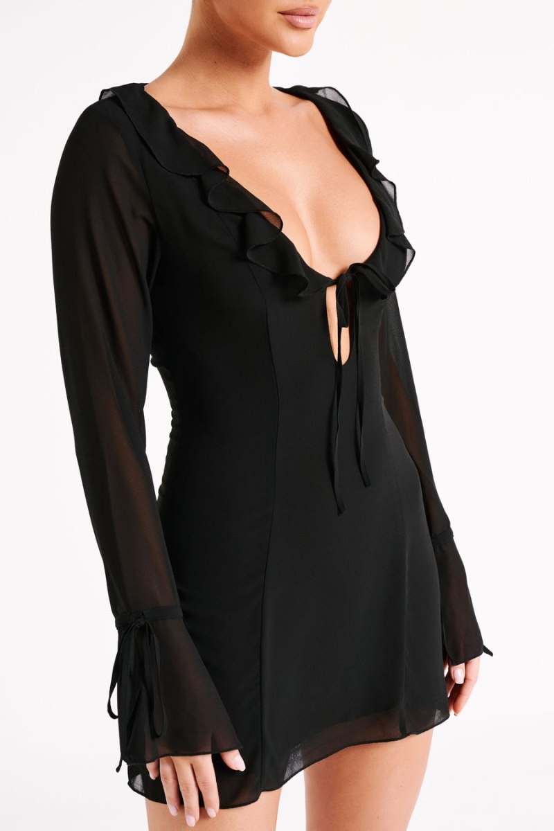 Women's Meshki Deja Long Sleeve Chiffon Mini Dress Black Australia | T1Y-4506