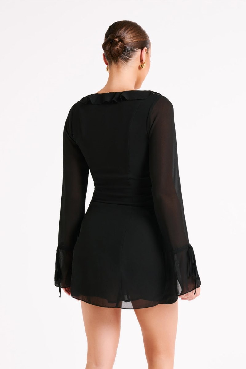 Women's Meshki Deja Long Sleeve Chiffon Mini Dress Black Australia | T1Y-4506