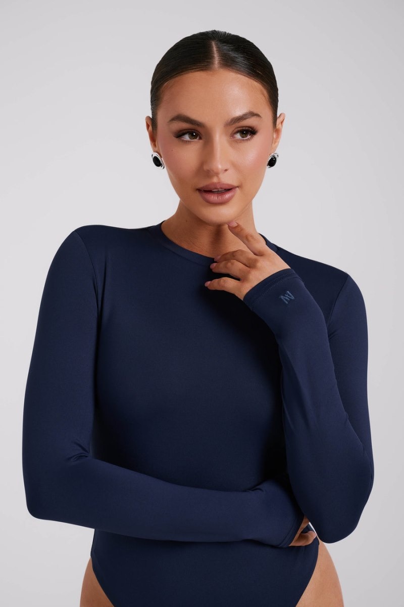 Women's Meshki Delilah Long Sleeve Crew Neck Bodysuit Navy Australia | L9N-9886