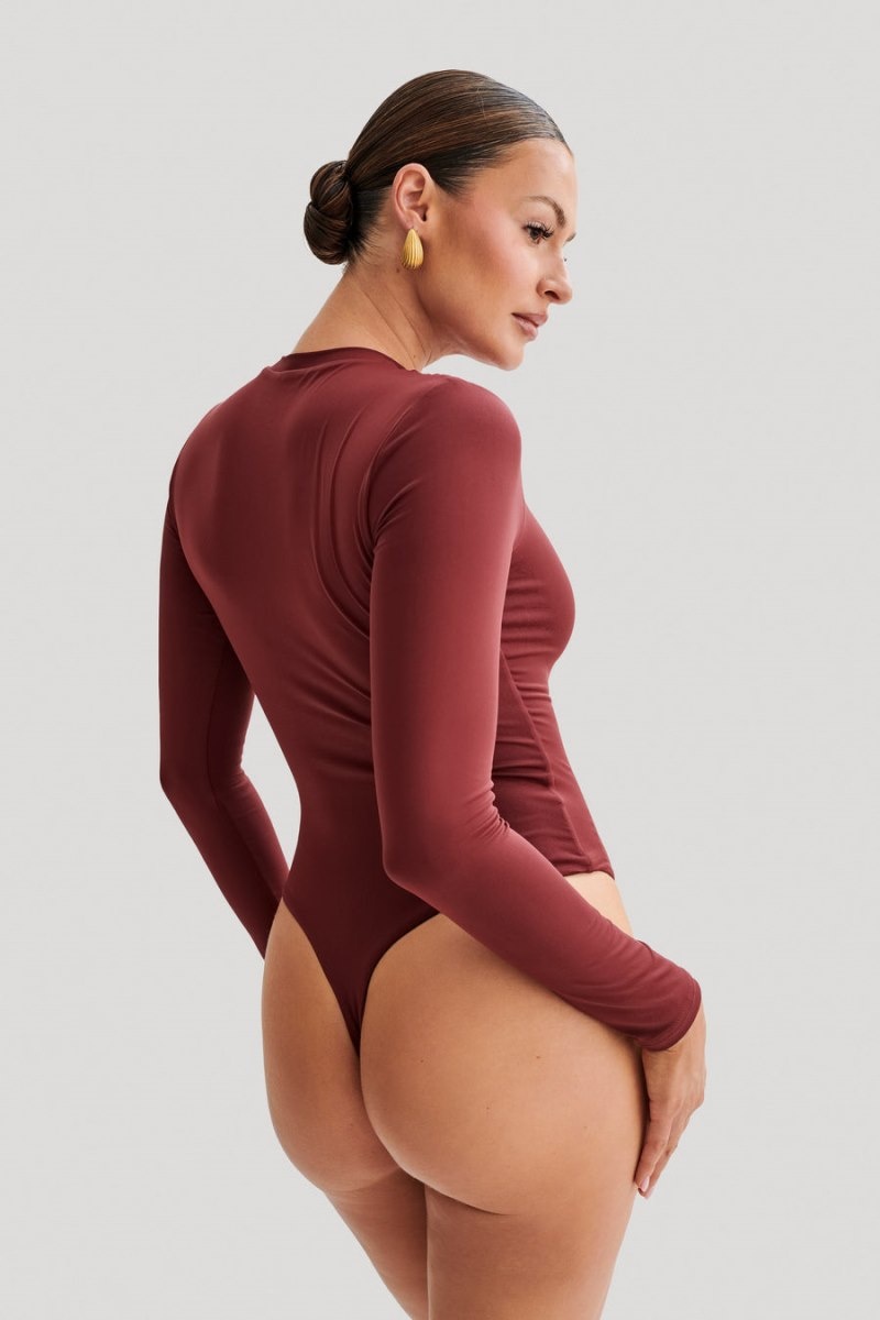 Women's Meshki Delilah Recycled Nylon Long Sleeve Crew Neck Bodysuit Dark Red Australia | Z4X-6283