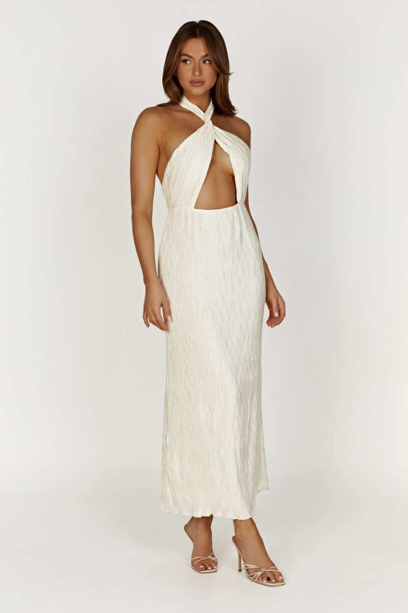 Women's Meshki Demetria Plisse Halter Maxi Dress White Australia | B0H-5842