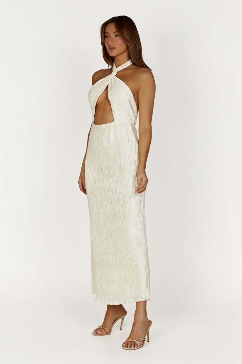 Women's Meshki Demetria Plisse Halter Maxi Dress White Australia | B0H-5842