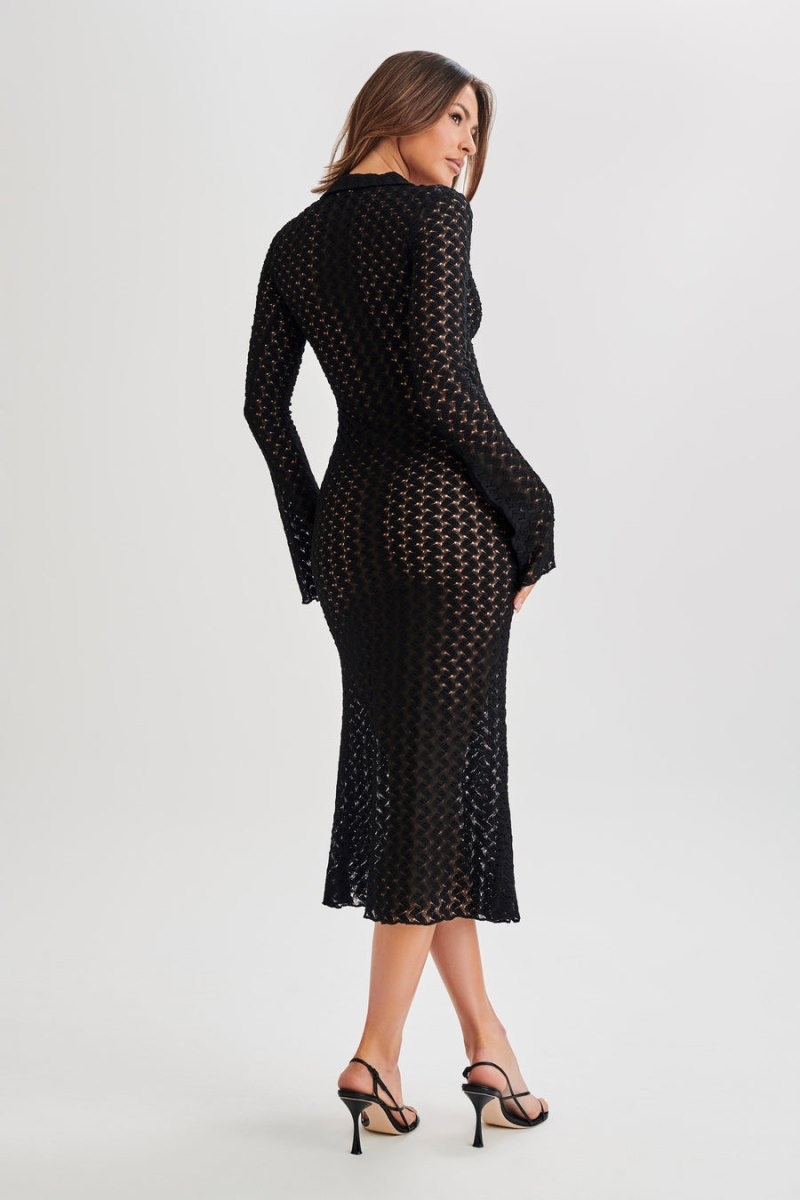 Women's Meshki Dionne Lace Long Sleeve Midi Dress Black Australia | B6Y-7487