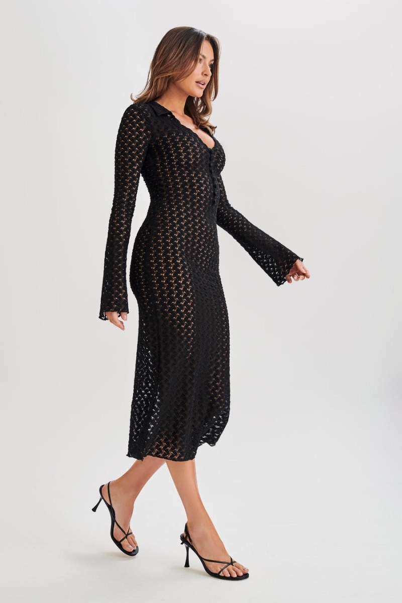 Women's Meshki Dionne Lace Long Sleeve Midi Dress Black Australia | B6Y-7487