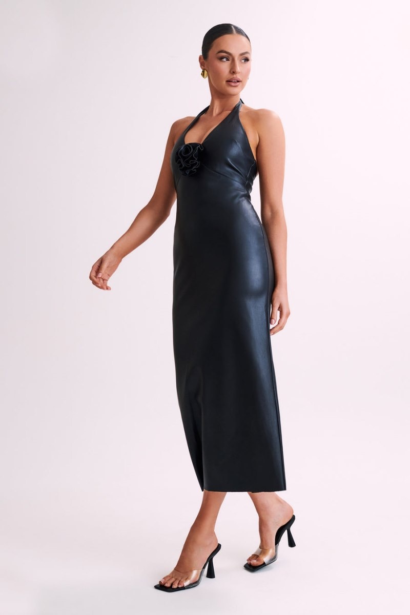 Women's Meshki Dori Faux Leather Rose Midi Dress Black Australia | H2H-4774