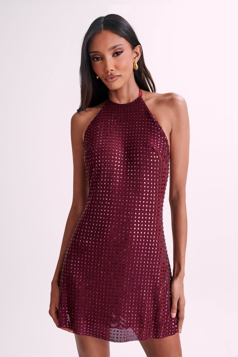 Women's Meshki Dorothy Square Diamante Halter Mini Dress Burgundy Australia | S6T-9844