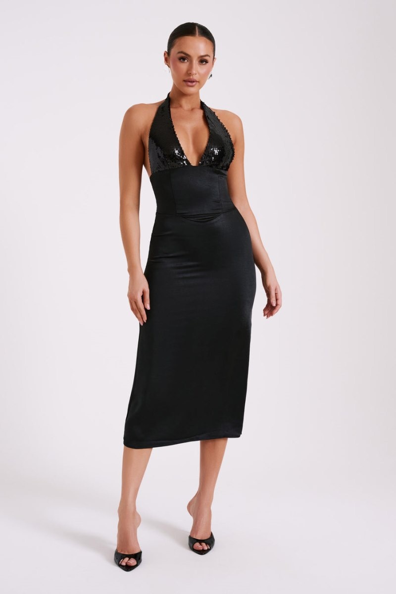 Women's Meshki Ebony Satin Sequins Midi Dress Black Australia | V7J-4530