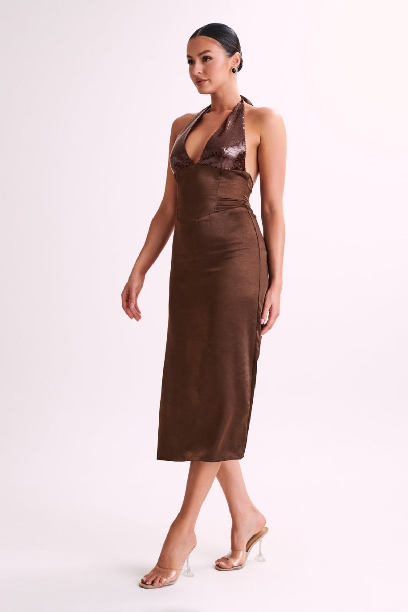 Women's Meshki Ebony Satin Sequins Midi Dress Chocolate Australia | N5H-6121