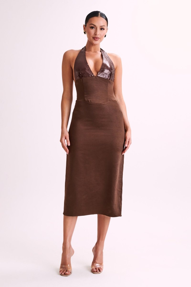 Women\'s Meshki Ebony Satin Sequins Midi Dress Chocolate Australia | N5H-6121