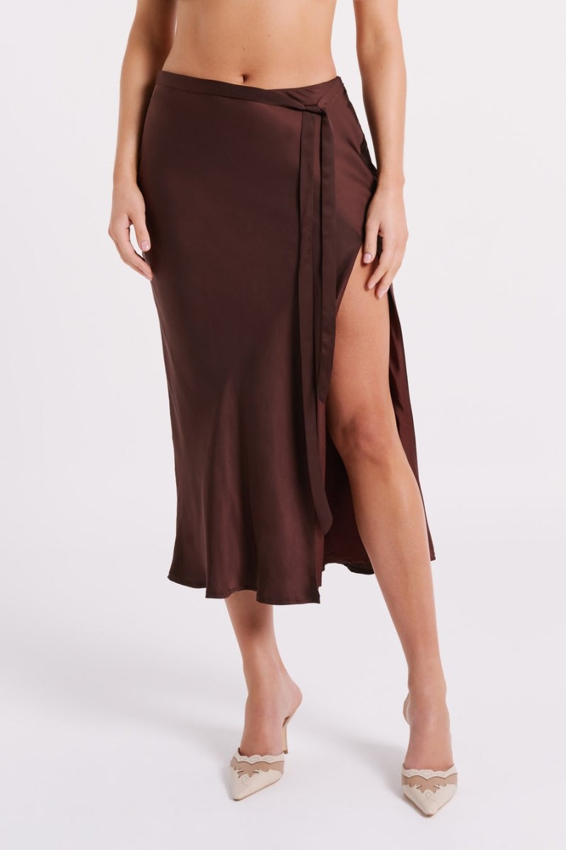 Women's Meshki Edie Satin Midi Tie Skirts Dark Chocolate Australia | A3K-1776