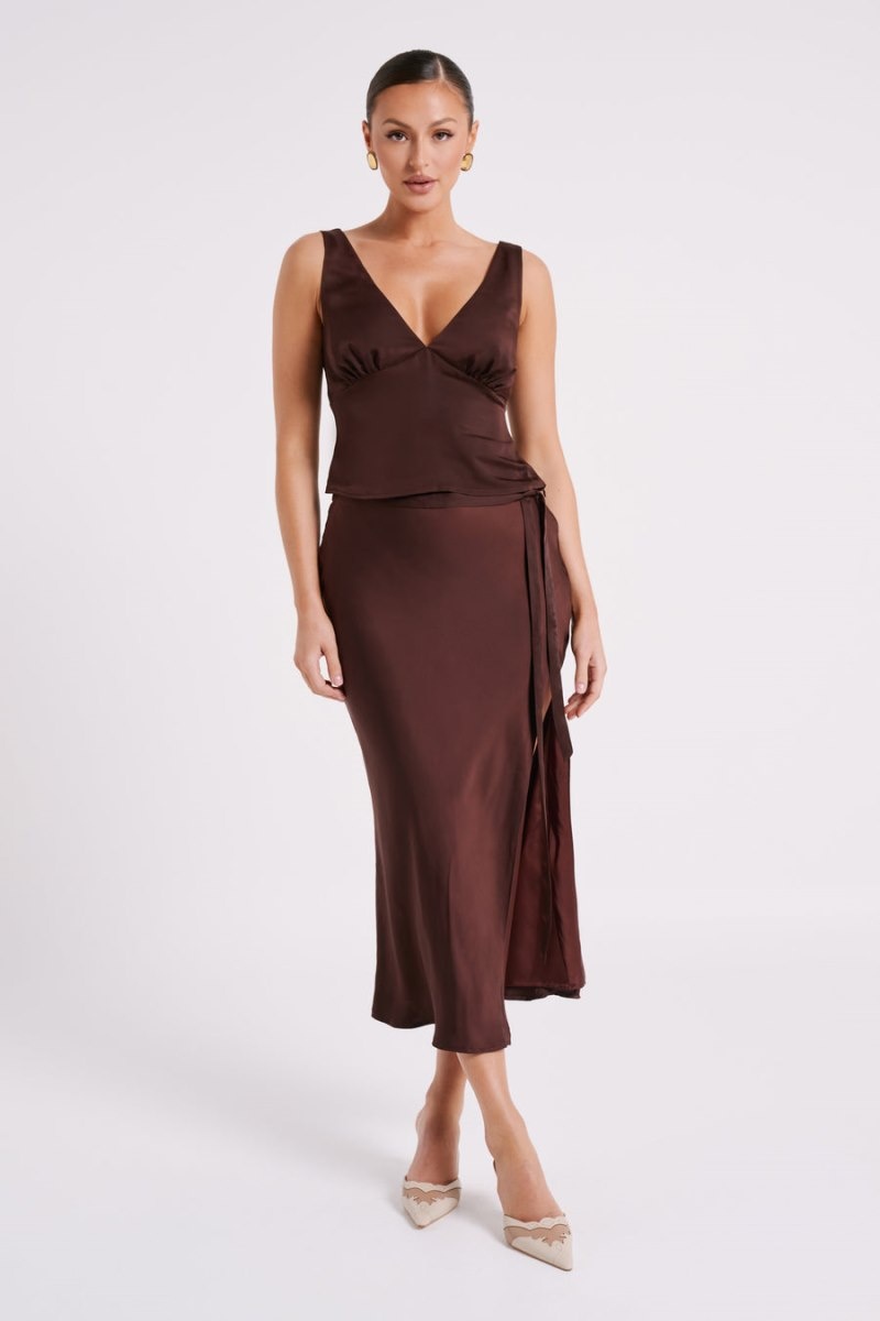 Women's Meshki Edie Satin Midi Tie Skirts Dark Chocolate Australia | A3K-1776