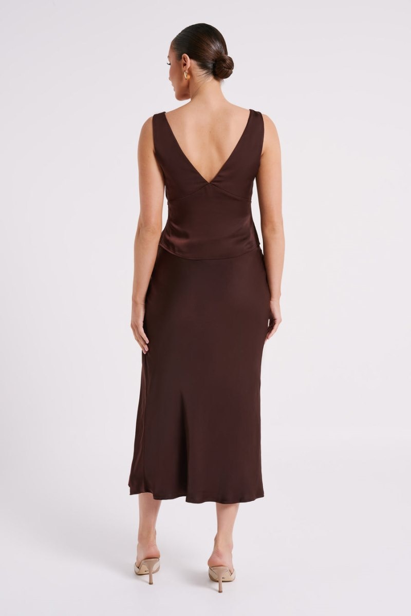 Women's Meshki Edie Satin Midi Tie Skirts Dark Chocolate Australia | A3K-1776