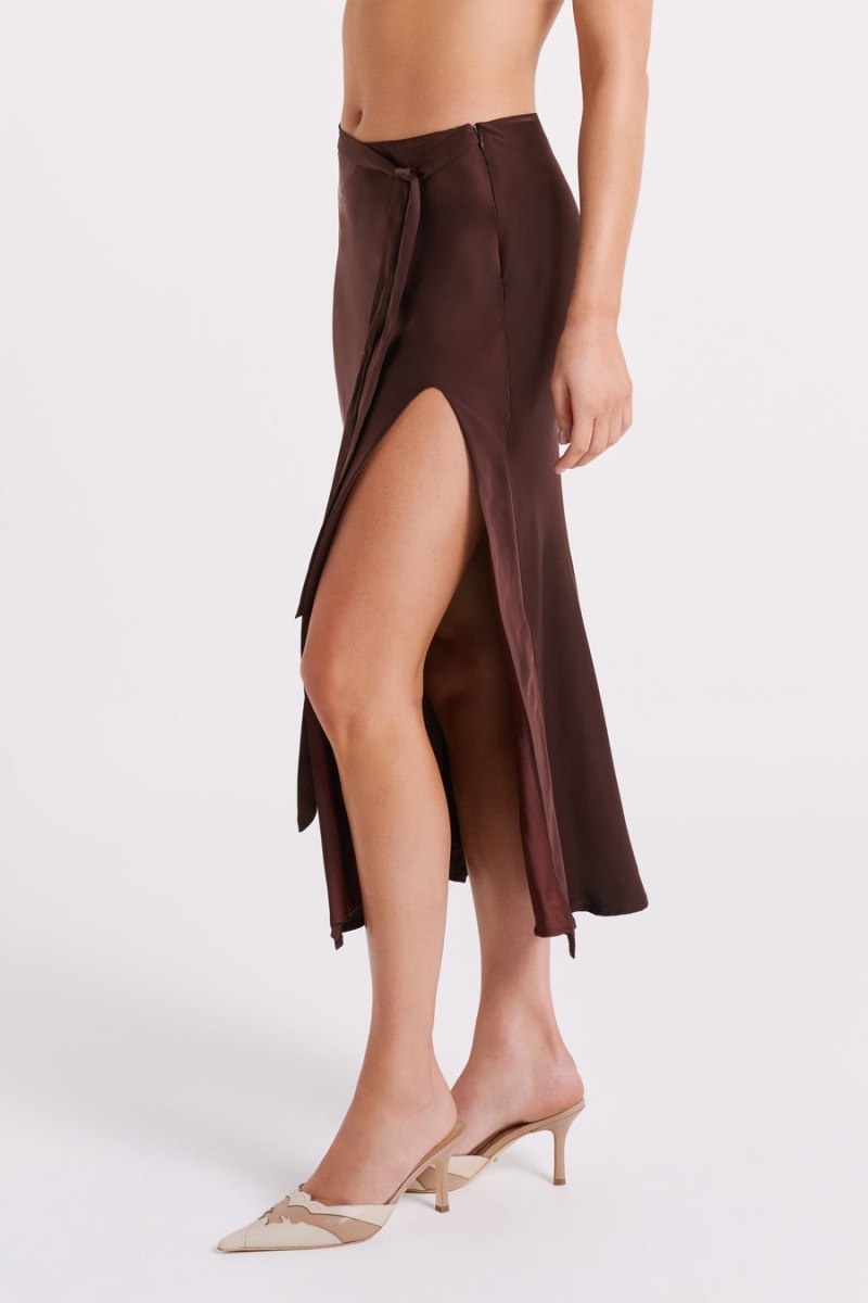 Women's Meshki Edie Satin Midi Tie Skirts Dark Chocolate Australia | A3K-1776