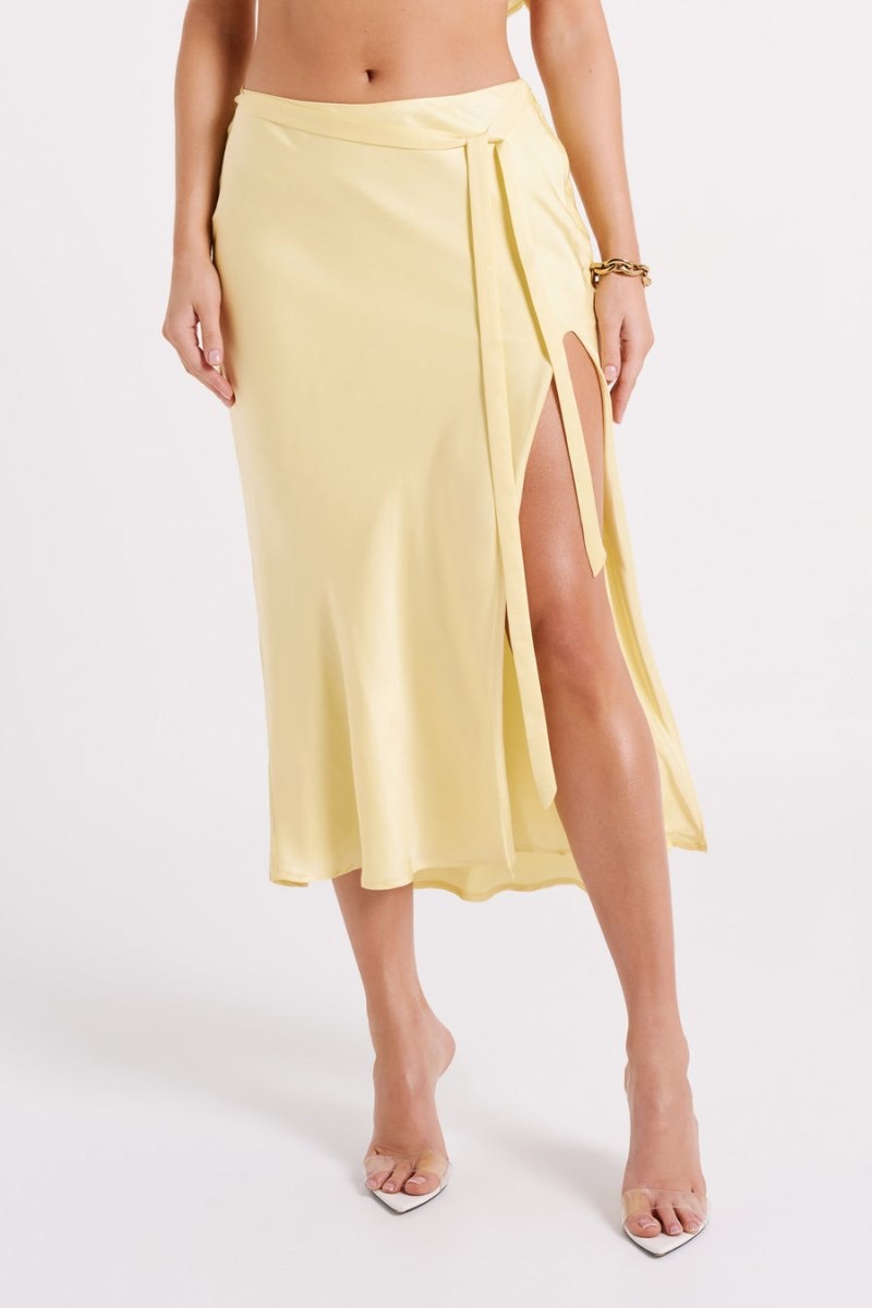 Women's Meshki Edie Satin Midi Tie Skirts Yellow Australia | Z5V-3738