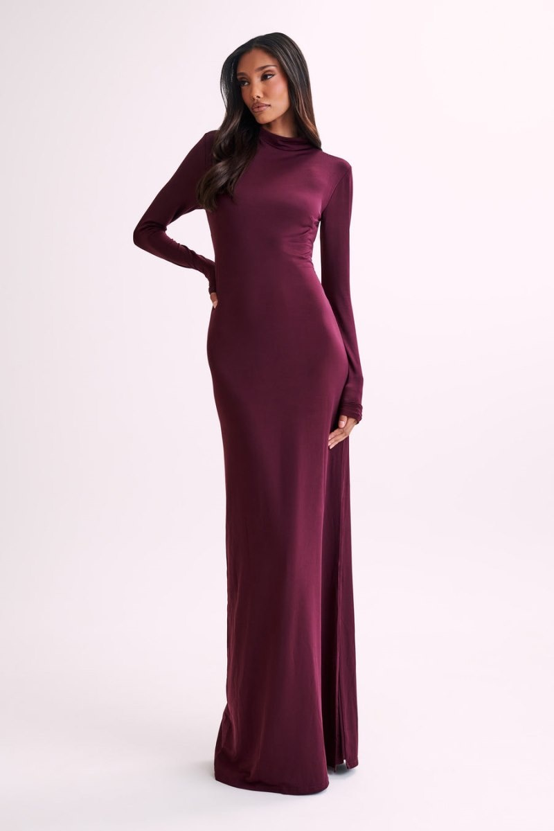 Women's Meshki Elani Slinky High Neck Maxi Dress Burgundy Australia | O8D-4003