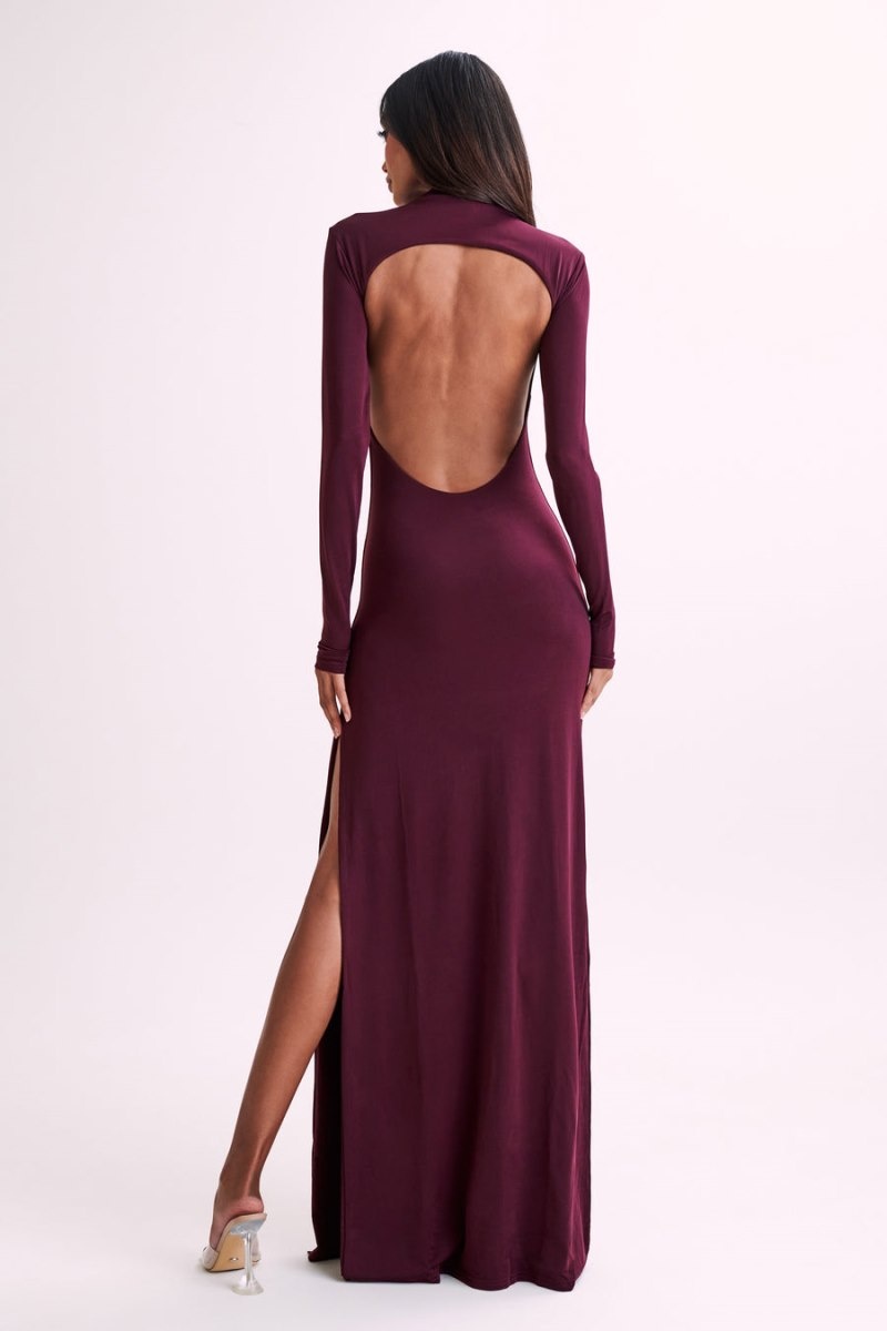 Women's Meshki Elani Slinky High Neck Maxi Dress Burgundy Australia | O8D-4003